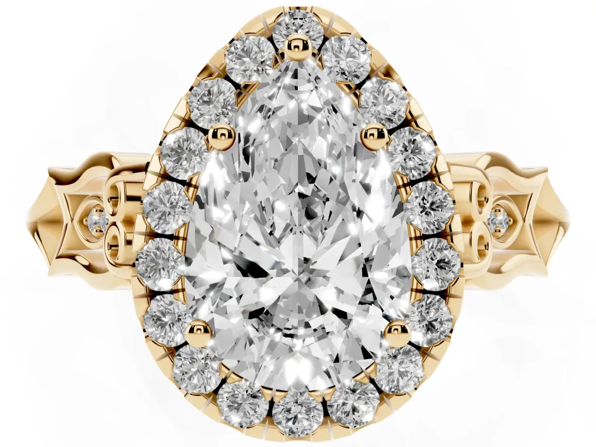 Pear Cut Halo Diamond Engagement Ring with Filigree Band and Four-Prong Setting Yellow gold