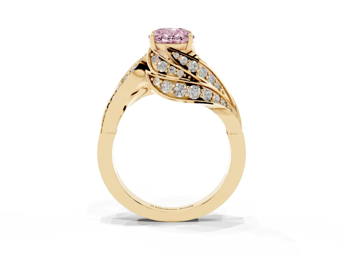 Fancy Pink Oval Cut Diamond Solitaire Ring with Prong Setting and Twisted Pavé Band Yellow gold