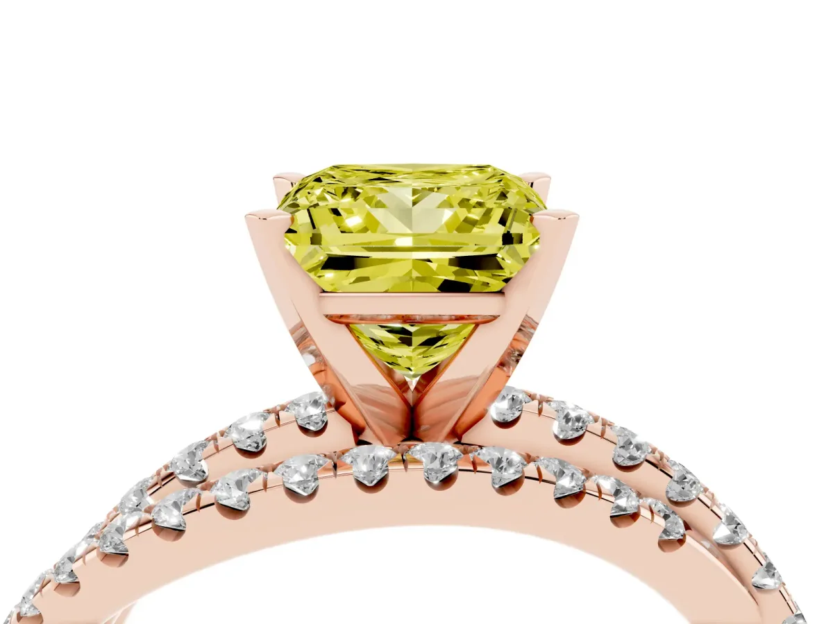 Fancy Yellow Princess Cut Solitaire Twist Band with Pavé Setting and Four-Prong Setting Rose gold