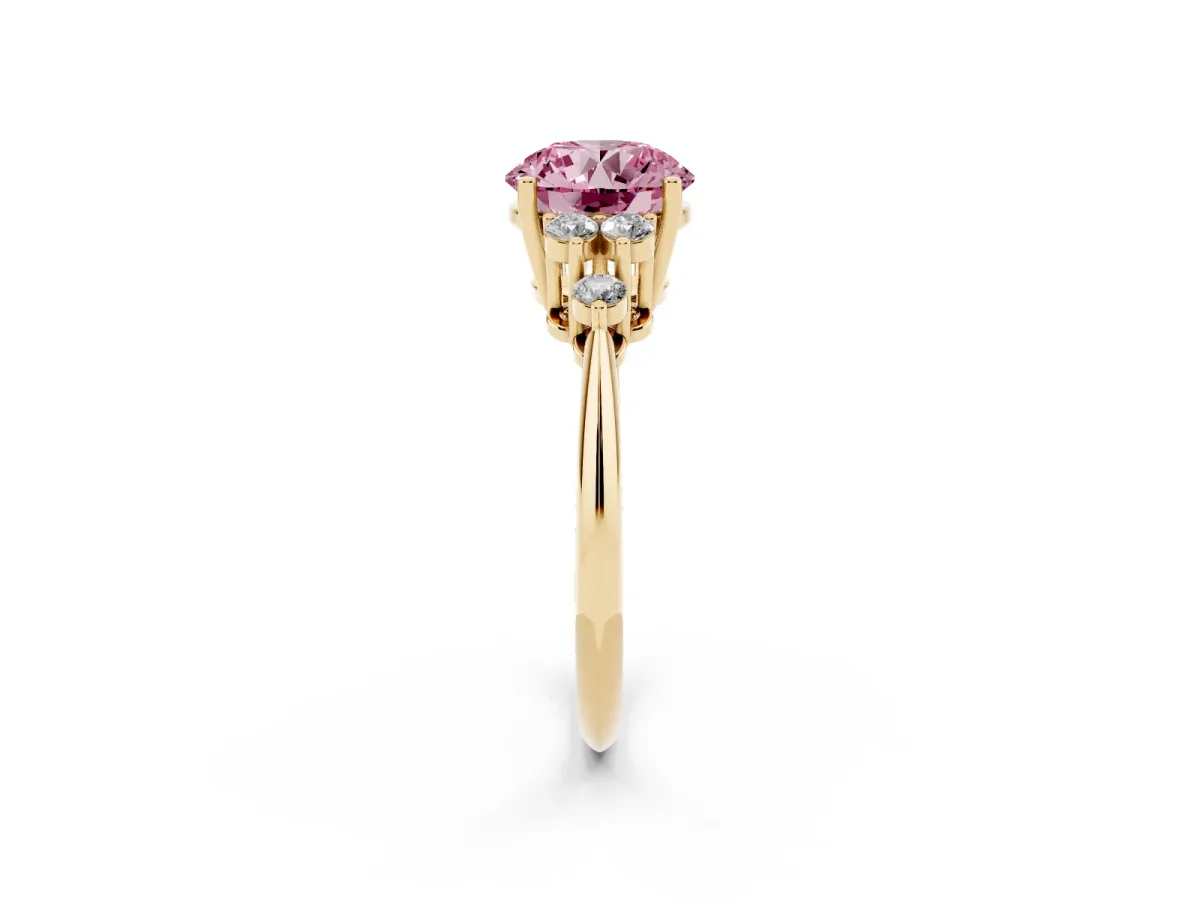 Fancy Pink Round Cut Cut Diamond Cluster Ring with Solitaire Band and Four-Prong Setting Yellow gold