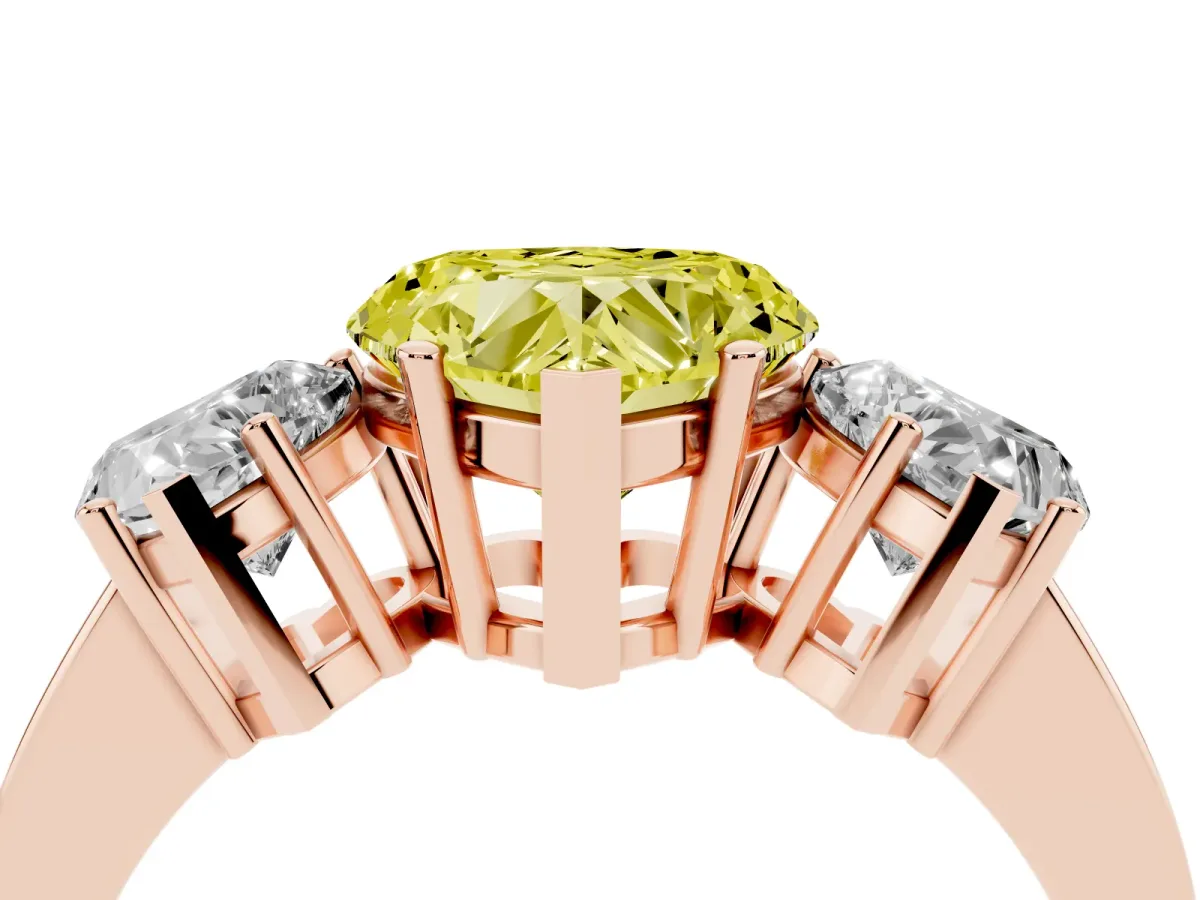 Fancy Yellow Three-Stone Heart Cut Cut Diamond Engagement Ring with Flat Band and Four-Prong Setting Rose gold
