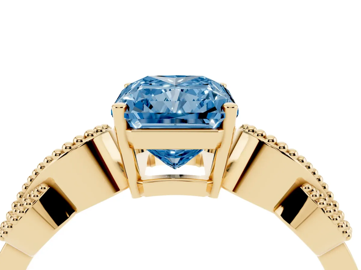 Fancy Blue Princess Cut Solitaire Milgrain Leaf Band with Prong Setting Yellow gold