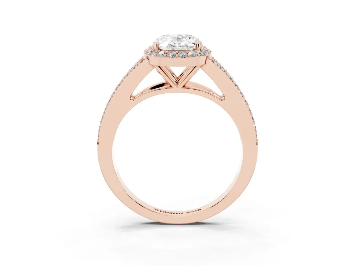 Oval Cut Halo Split Shank Pave Diamond Ring with Four-Prong Setting Rose gold