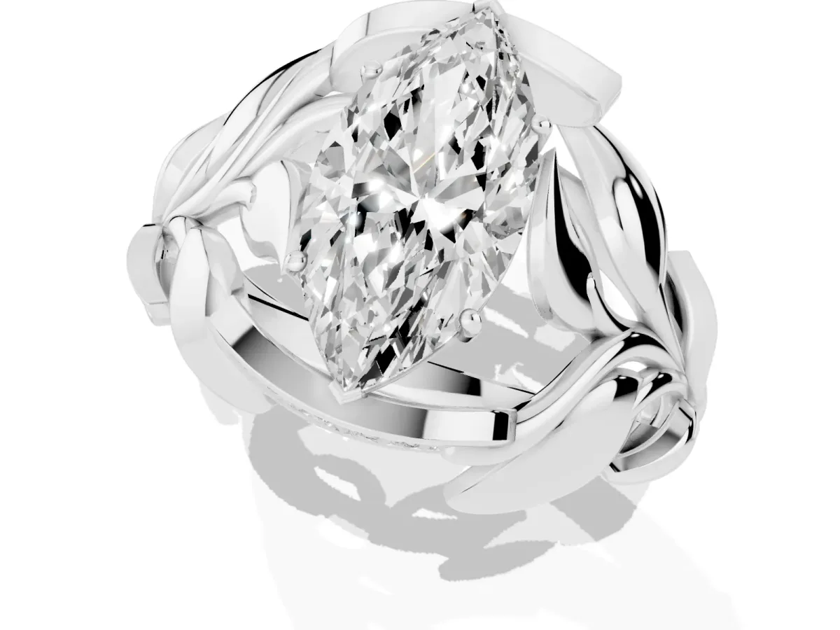 Marquise Cut Diamond Leaf-Inspired Engagement Ring with Round Accents and Prong Setting Platinum