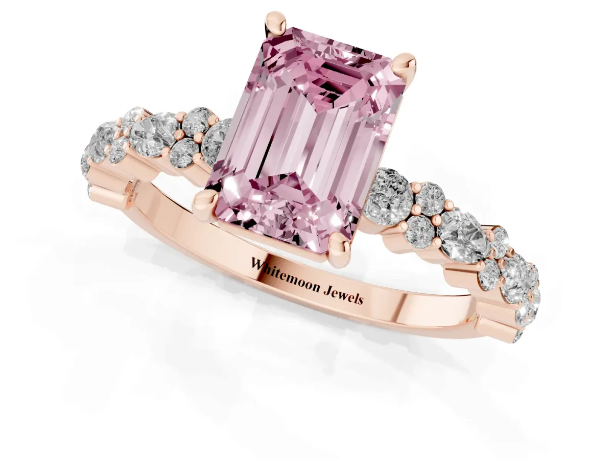 Fancy Pink Emerald Cut Diamond Side Stone Solitaire Ring with Round and Four-Prong Setting Rose gold