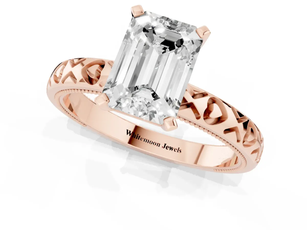 Emerald Cut Solitaire Diamond Engagement Ring with XO Engraved Band and Four-Prong Setting Rose gold