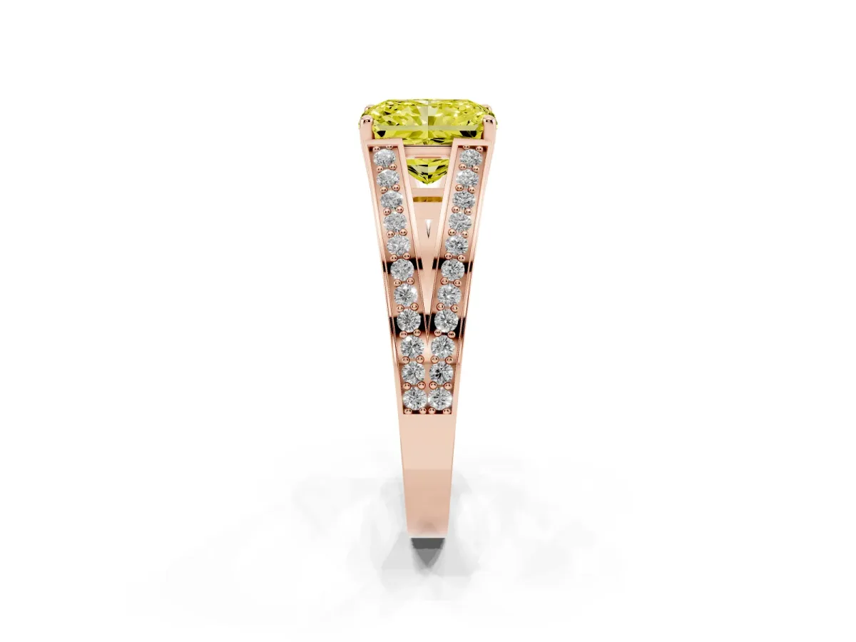 Fancy Yellow Radiant Cut Diamond Split Shank Ring with Pavé Band and Four-Prong Setting Rose gold