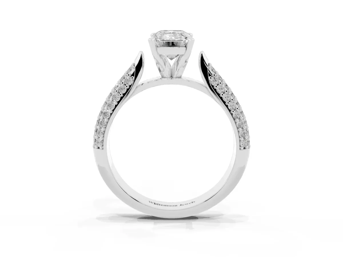 Emerald Cut Diamond Solitaire Engagement Ring with Multi-Row Round Pavé Band and Prong Setting Silver