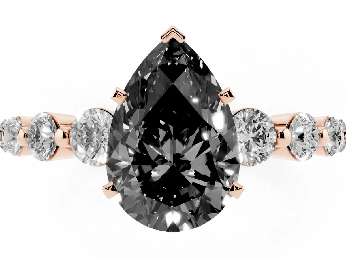 Fancy Black Pear Cut Solitaire Diamond Ring with Pave Band and Four-Prong Setting Rose gold