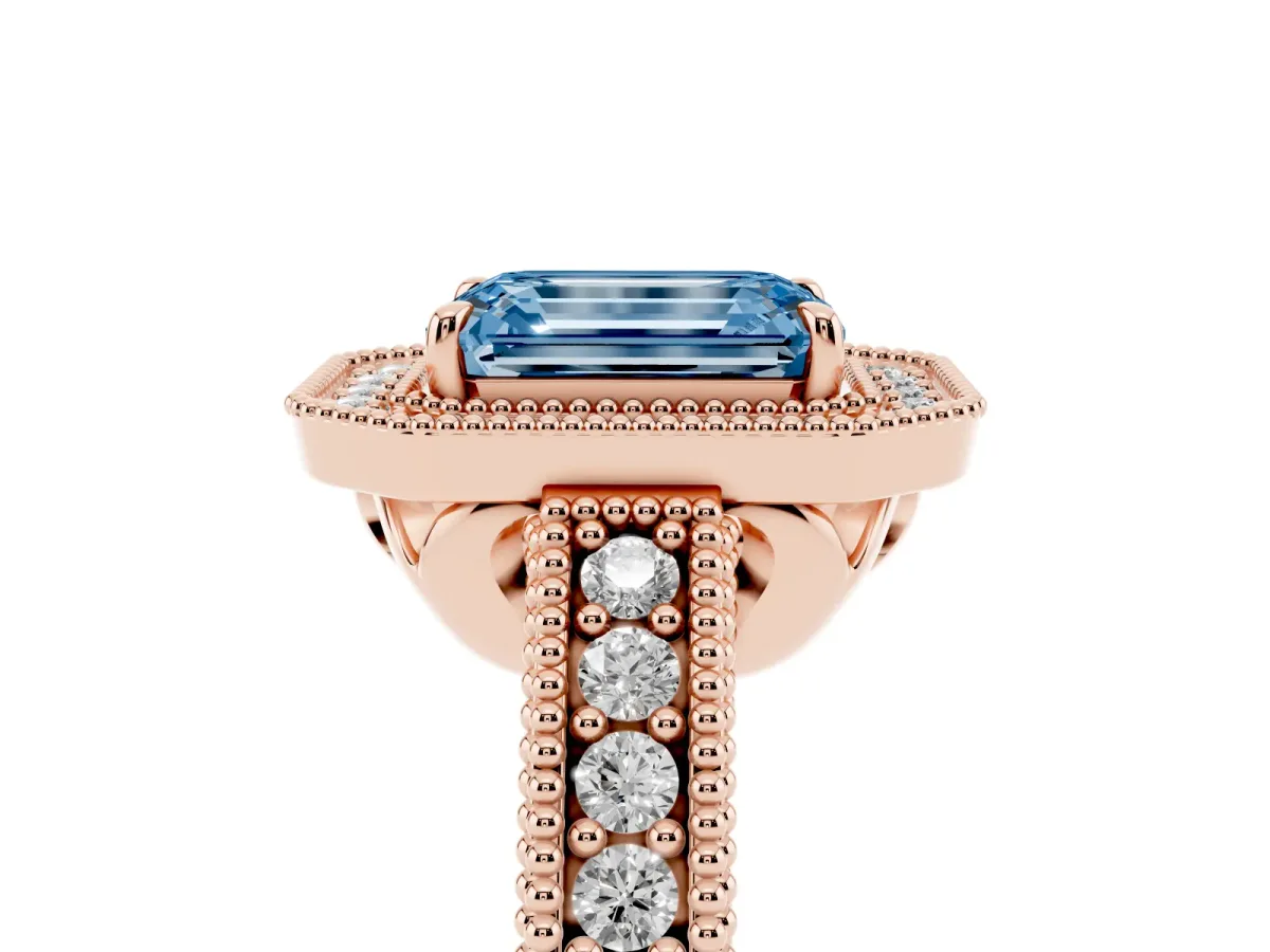Fancy Blue Emerald Cut Cut Halo Diamond Ring with Pavé Band and Four-Prong Setting Rose gold