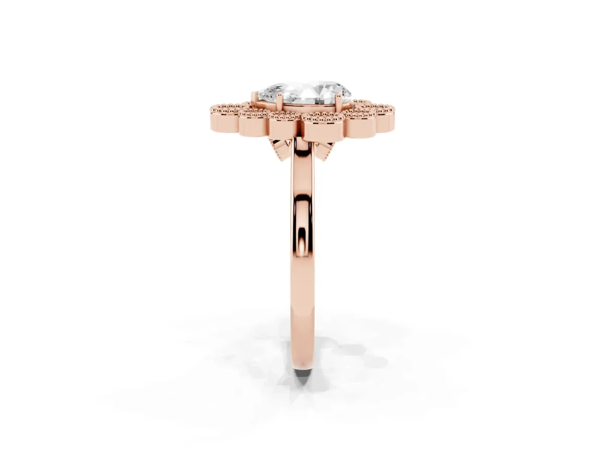 Pear Cut Halo Diamond Cluster Engagement Ring with Milgrain Bezel Setting and Solitaire Band Rose gold