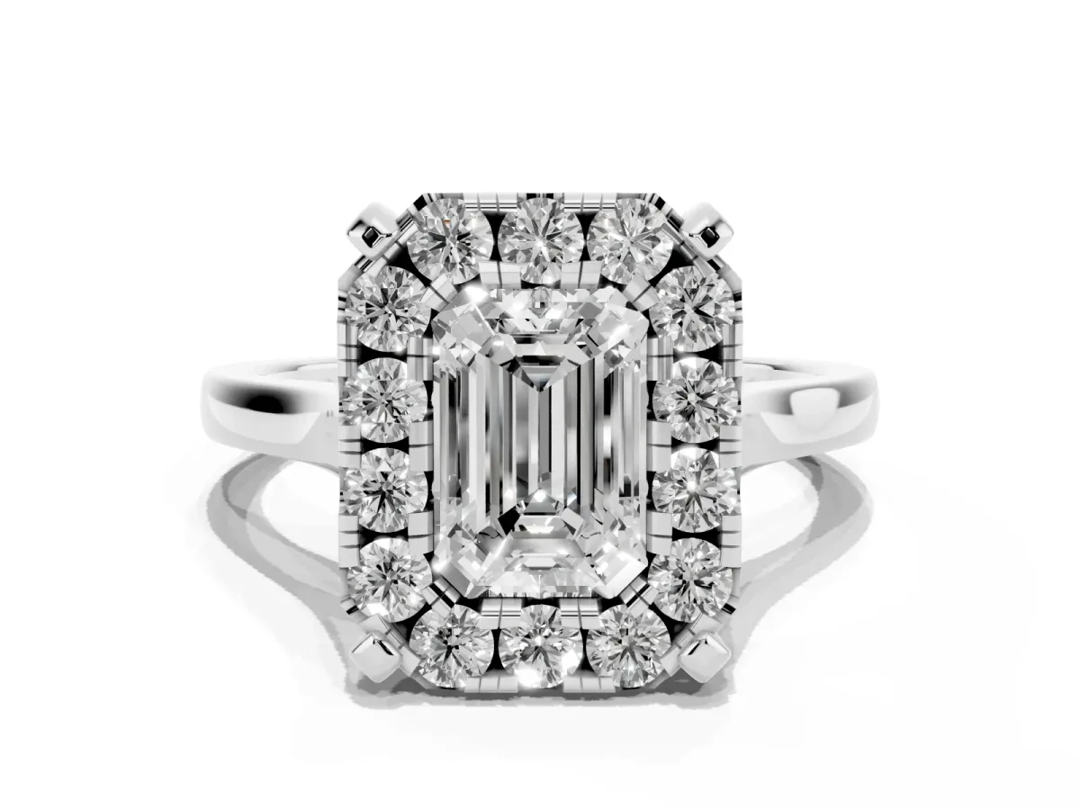 Emerald Cut Diamond Cluster Halo Solitaire with Four-Prong Setting Silver