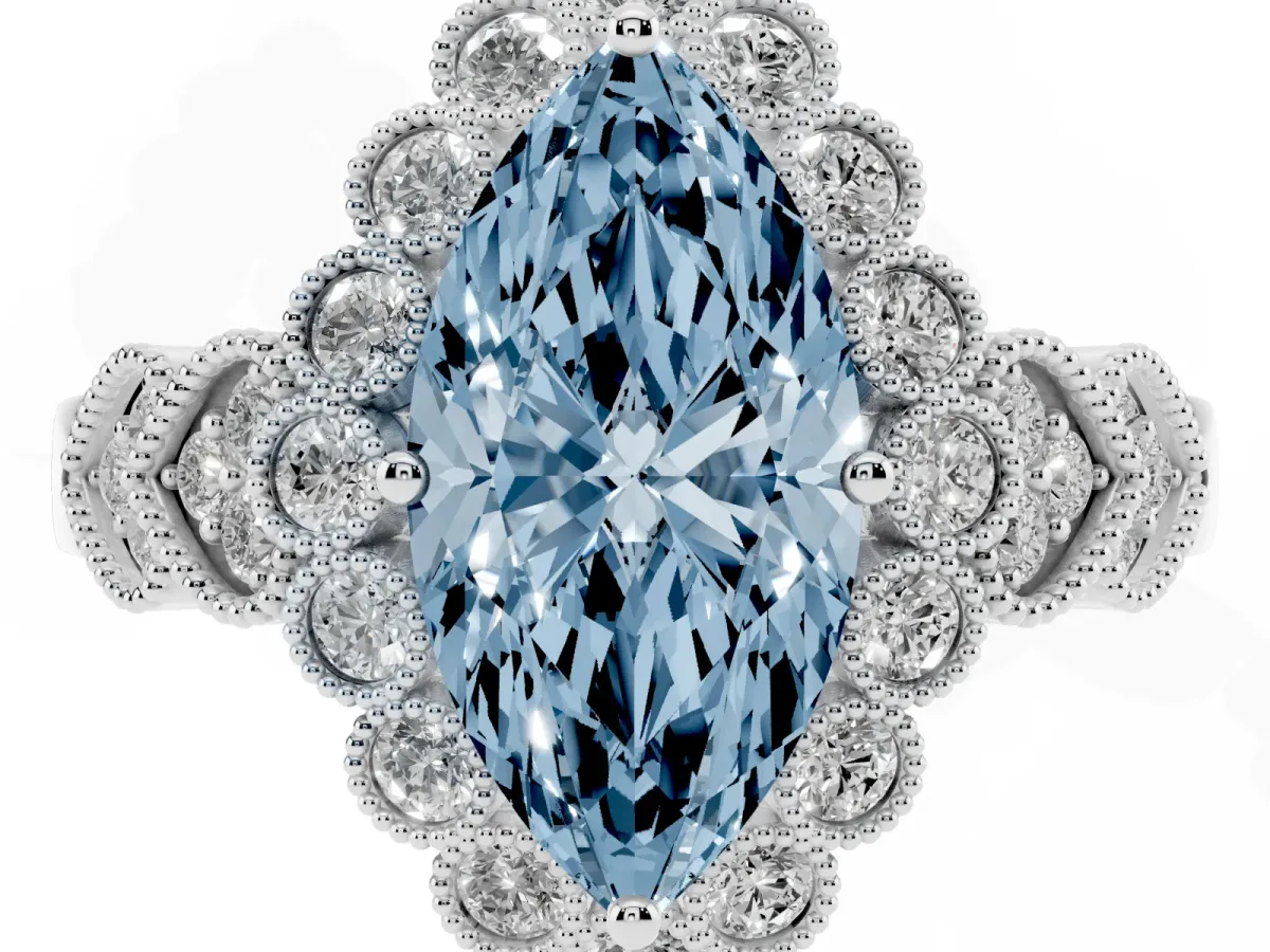 Fancy Blue Marquise Cut Brilliant Milgrain Pave Heart Band Solitaire Ring Silver