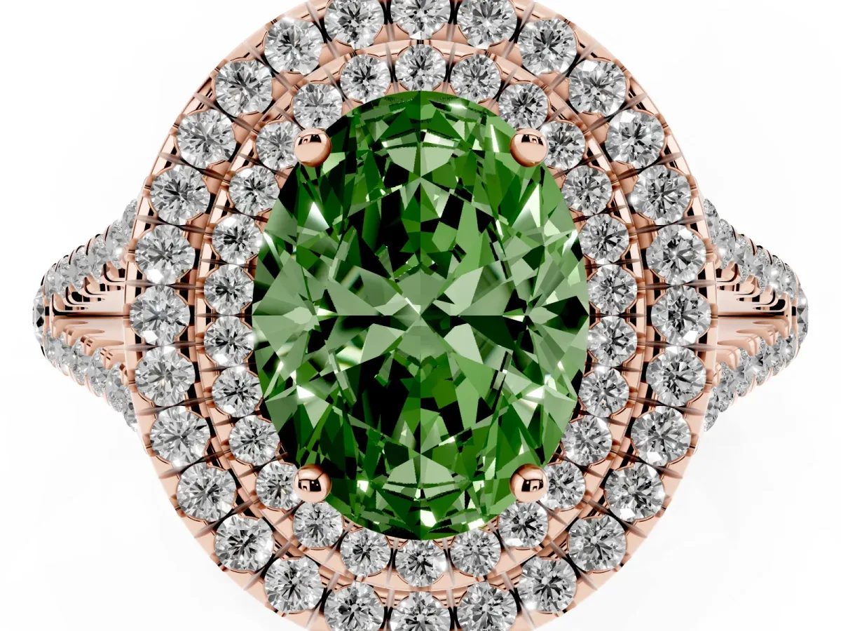 Fancy Green Oval Cut Diamond Double Halo Ring with Pavé Band and Prong Setting Rose gold