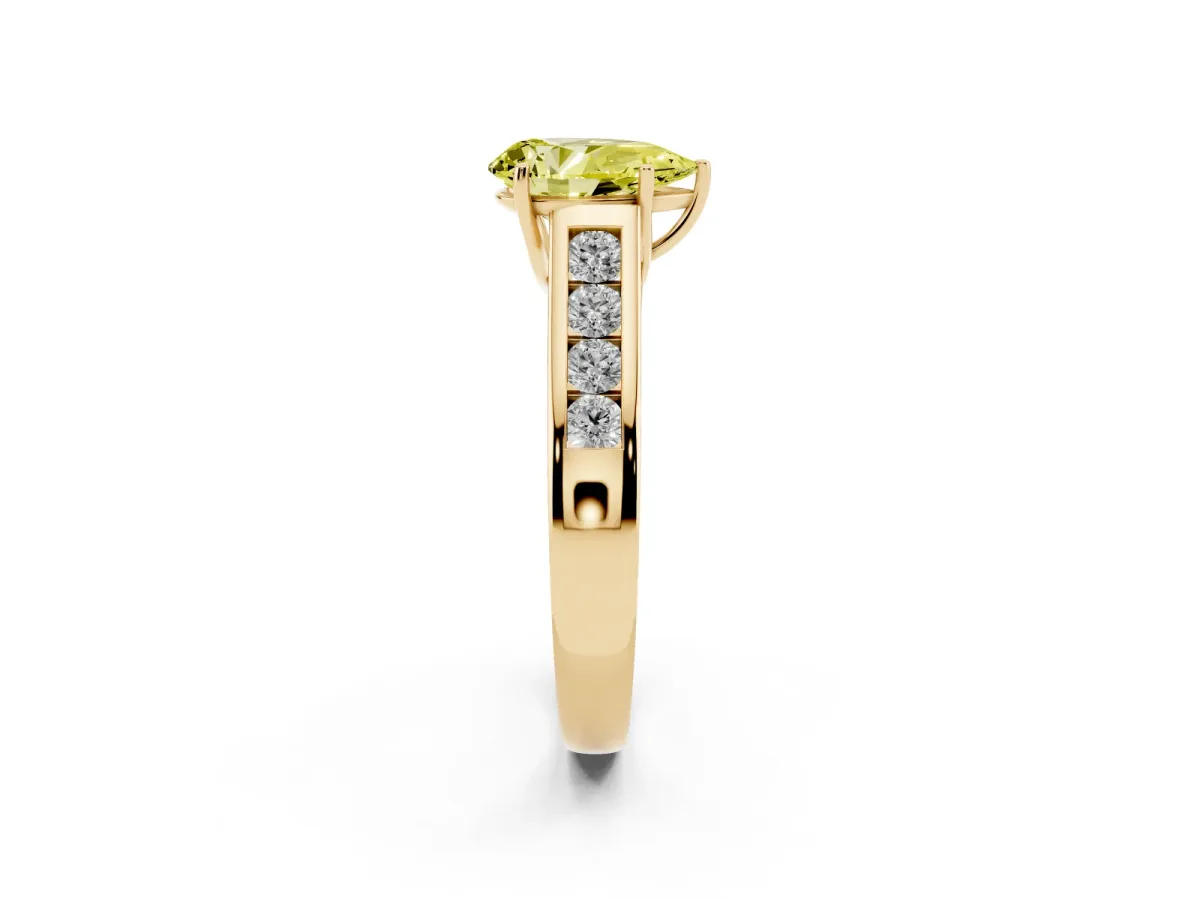 Fancy Yellow Pear Cut Solitaire Channel-Set Diamond Engagement Ring with Four-Prong Setting Yellow gold