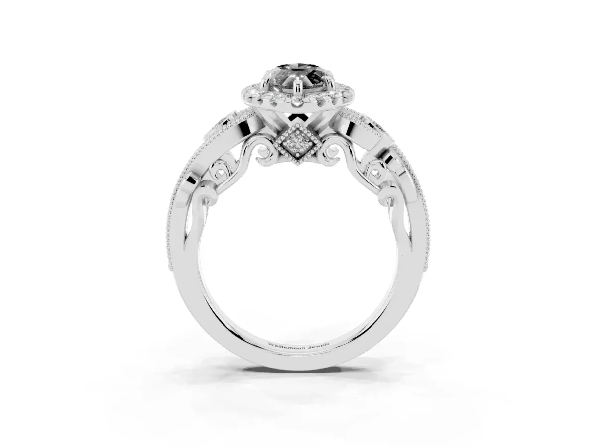 Fancy Black Marquise Cut Halo Diamond Ring with Milgrain and Bezel Accents on a Split Shank Band Platinum