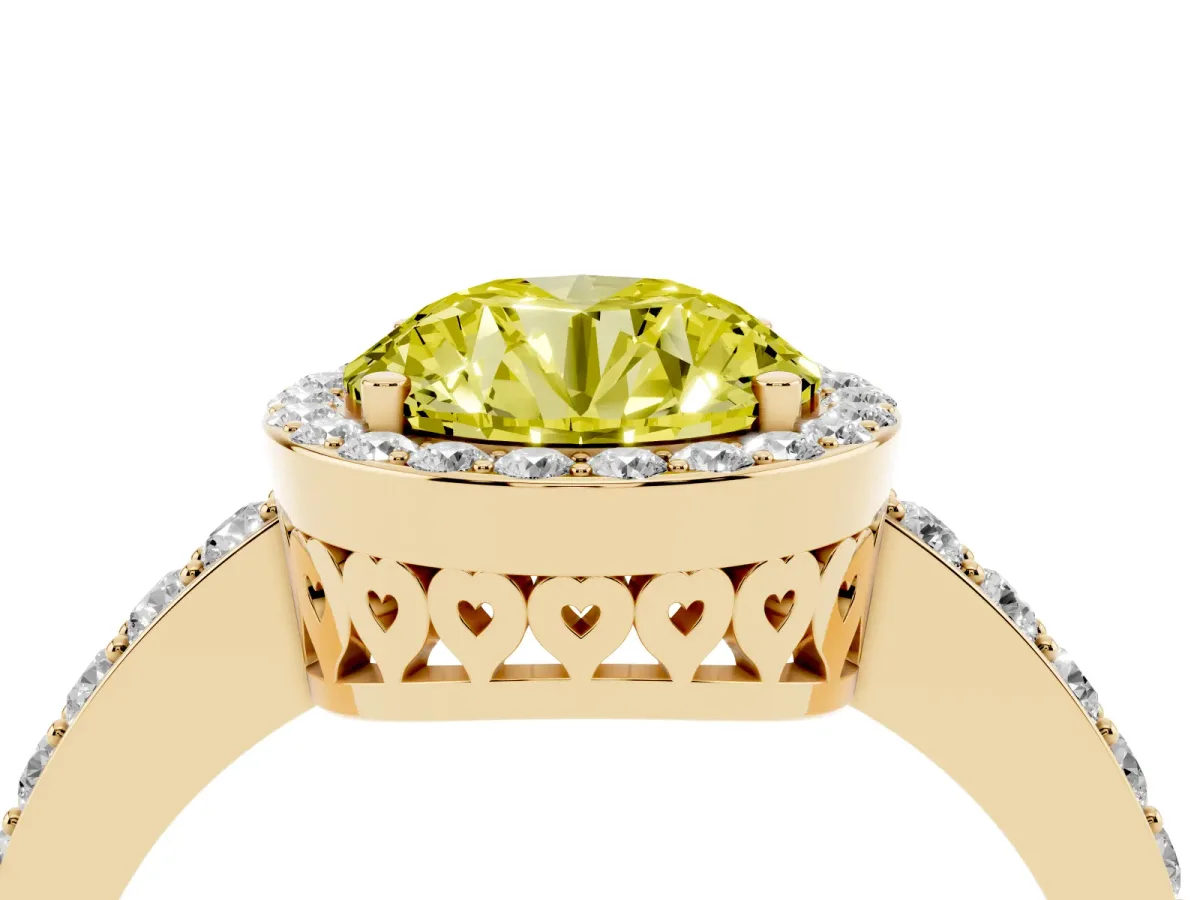 Fancy Yellow Round Cut Halo Diamond Pavé Band Ring with Prong Setting Yellow gold