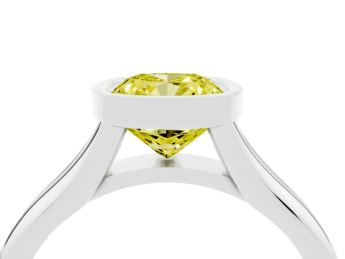 Fancy Yellow Bezel Set Cushion Cut Solitaire Diamond Ring with Smooth Band Silver