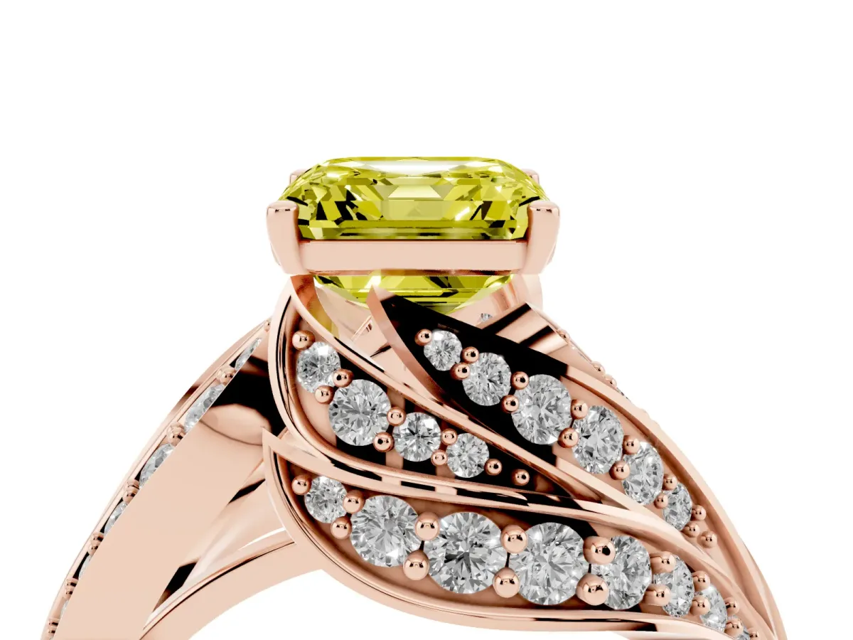 Fancy Yellow Asscher Cut Diamond Solitaire Ring with Prong Setting and Twisted Pavé Band Rose gold