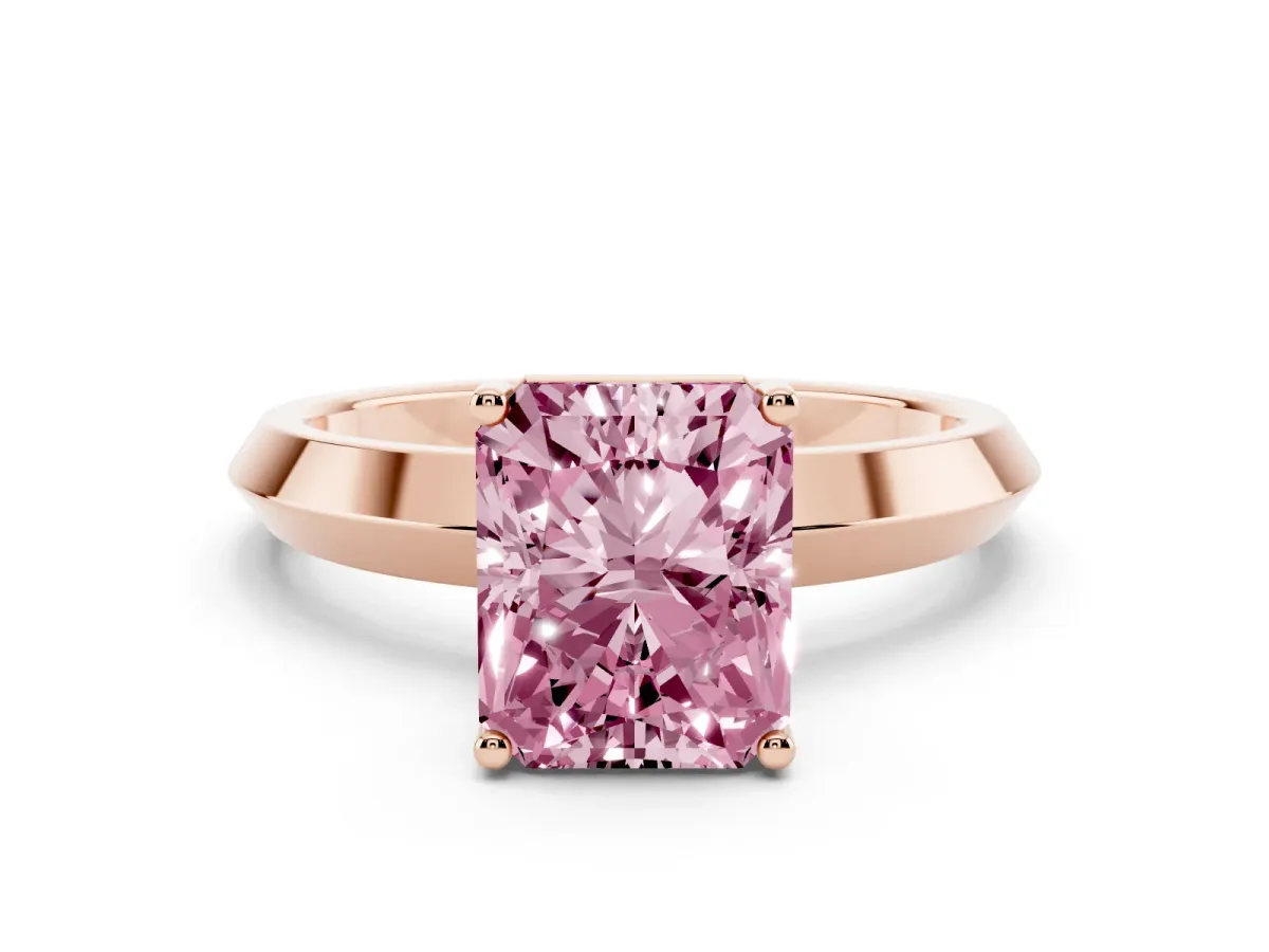 Fancy Pink Radiant Cut Cut Solitaire Engagement Ring with Flat Band and Four-Prong Setting Rose gold