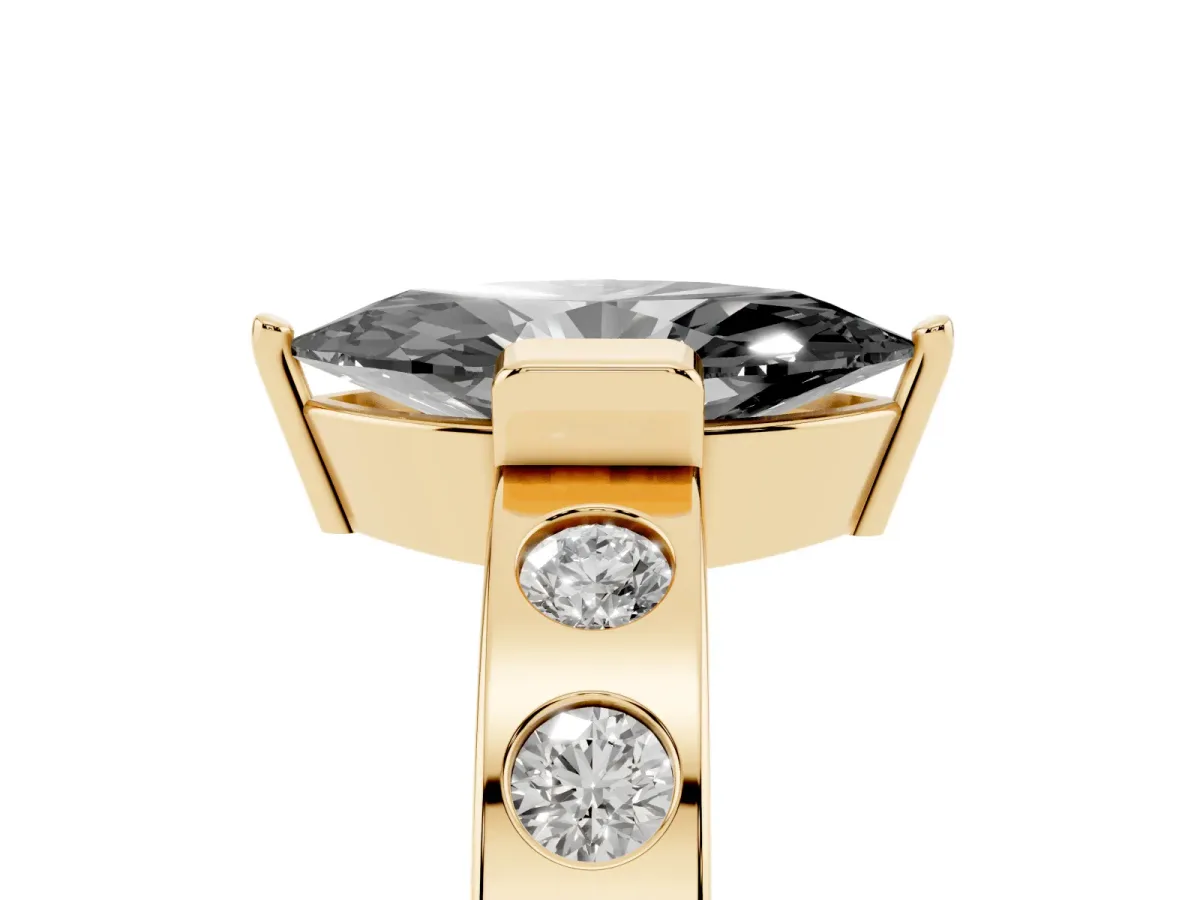 Fancy Black Marquise Cut Brilliant Channel-Set Diamond Ring with Bezel Prong Setting Yellow gold