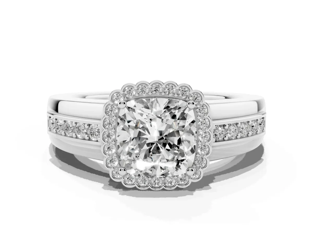 Cushion Cut Cut Halo Pave Band Four-Prong Ring Silver