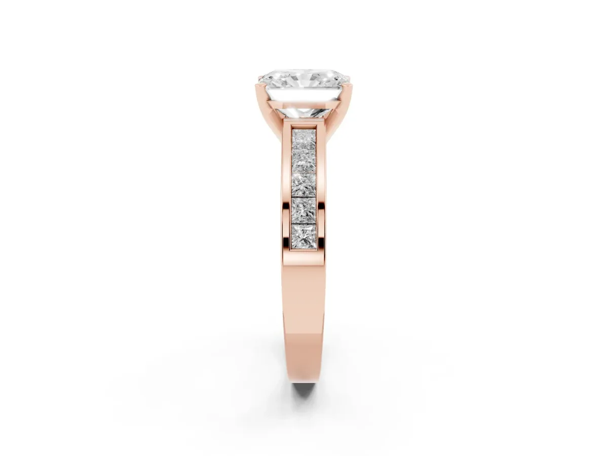 Radiant Cut Solitaire Diamond Ring with Channel-Set Band and Four-Prong Setting Rose gold
