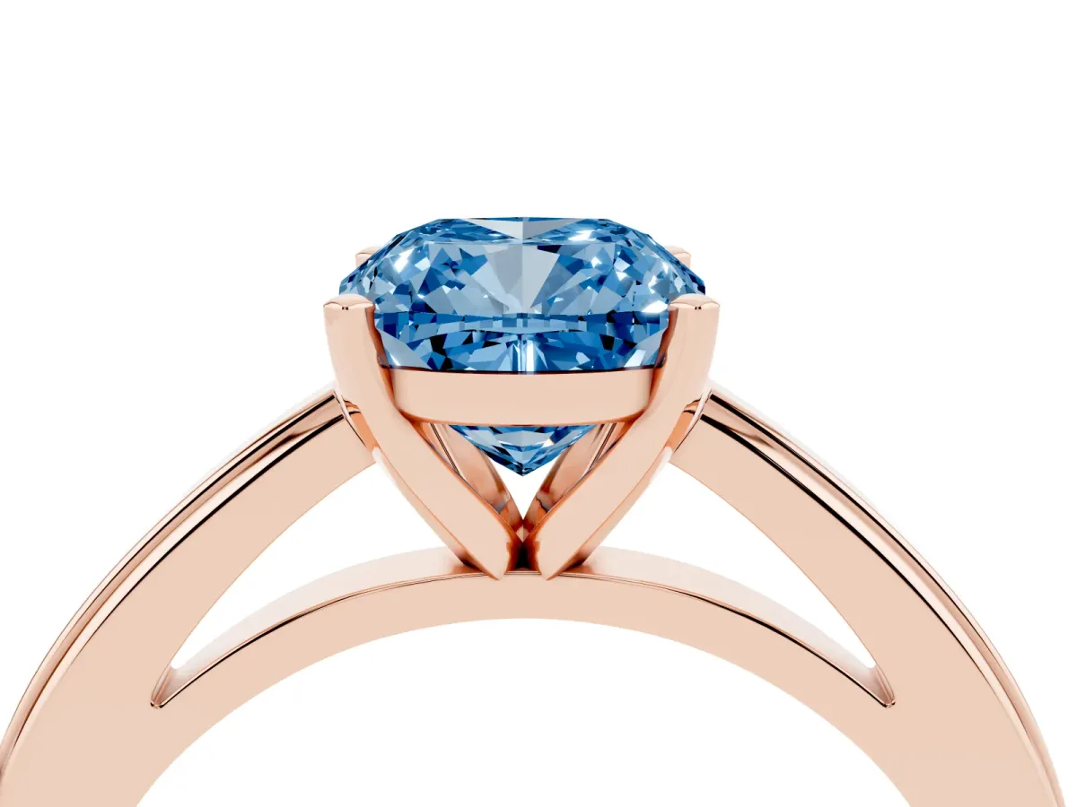 Fancy Blue Cushion Cut Solitaire Diamond Ring with Four-Prong Setting and Classic Band Rose gold