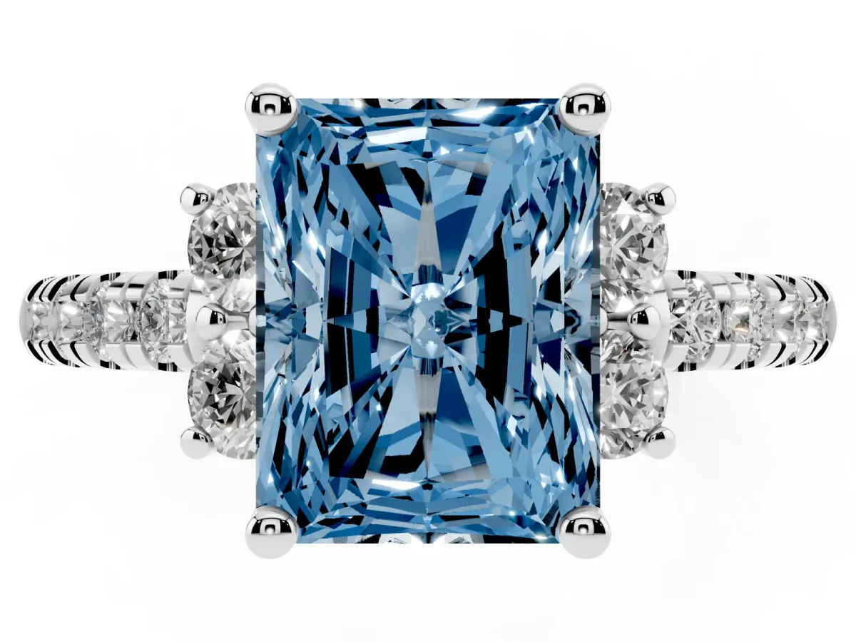 Fancy Blue Radiant Cut Diamond Three-Stone Pave Band with Four-Prong Setting Silver