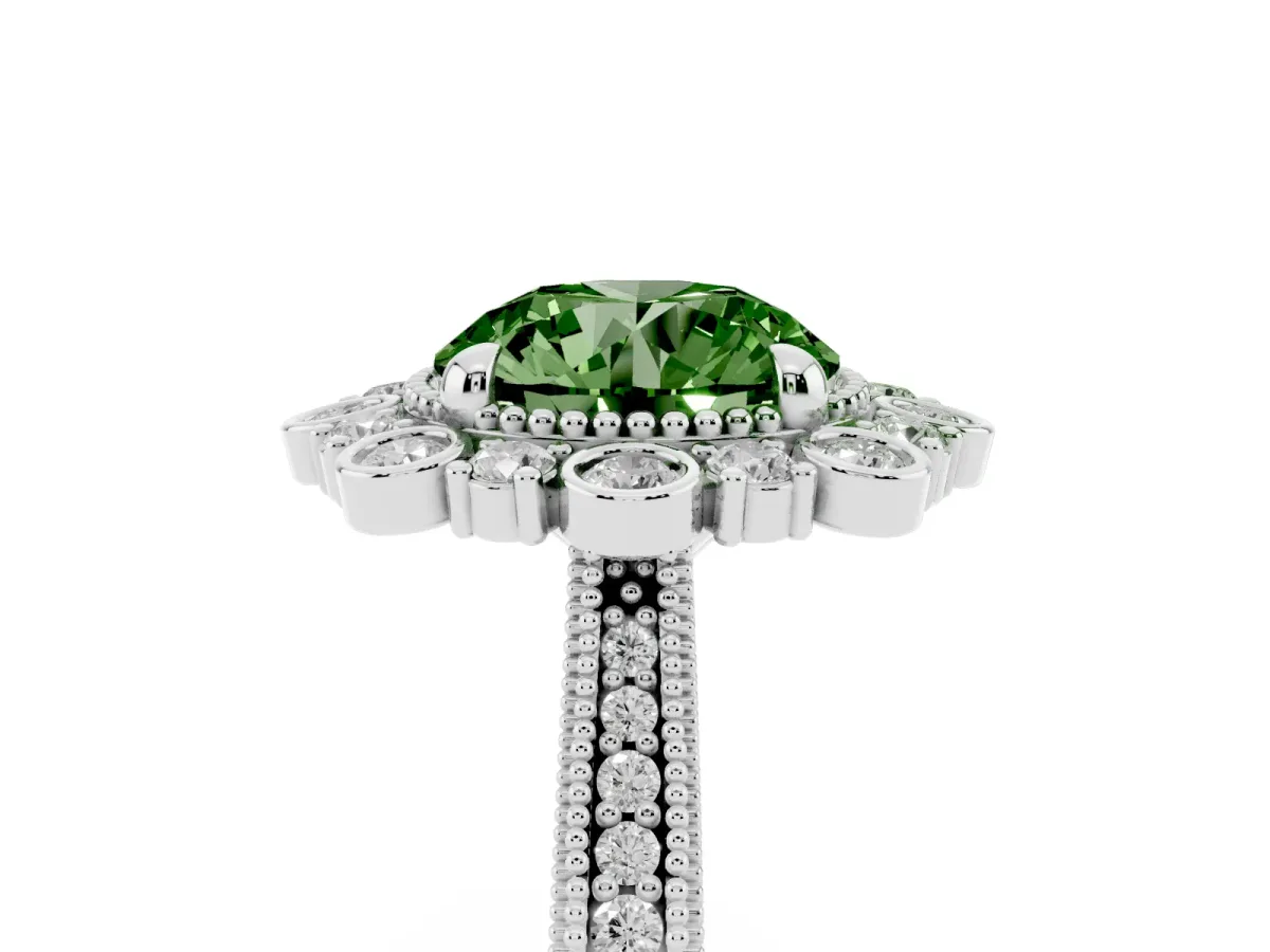 Fancy Green Round Cut Halo Milgrain Pave Diamond Ring with Four-Prong Setting Silver