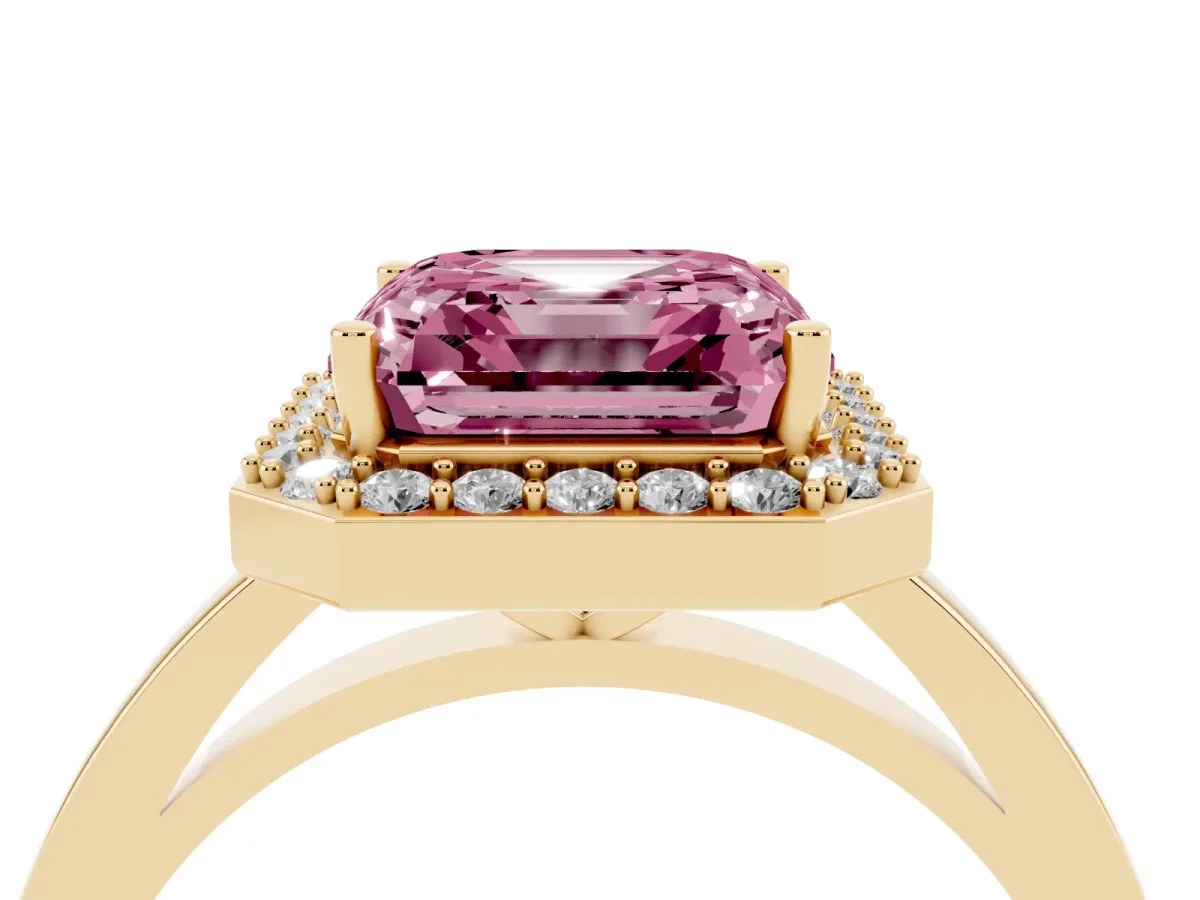 Fancy Pink Asscher Cut Halo Diamond Ring with Solitaire Band and Prong Setting Yellow gold