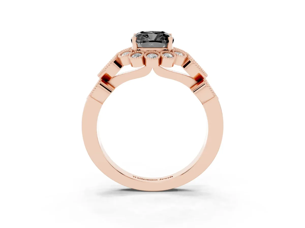Fancy Black Cushion Cut Brilliant Milgrain Pave Heart Band Solitaire Ring Rose gold