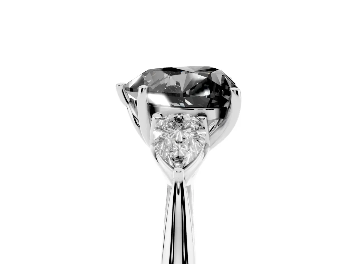 Fancy Black Heart Cut Diamond Three-Stone Ring with Pear Side Stones and Prong Setting Silver