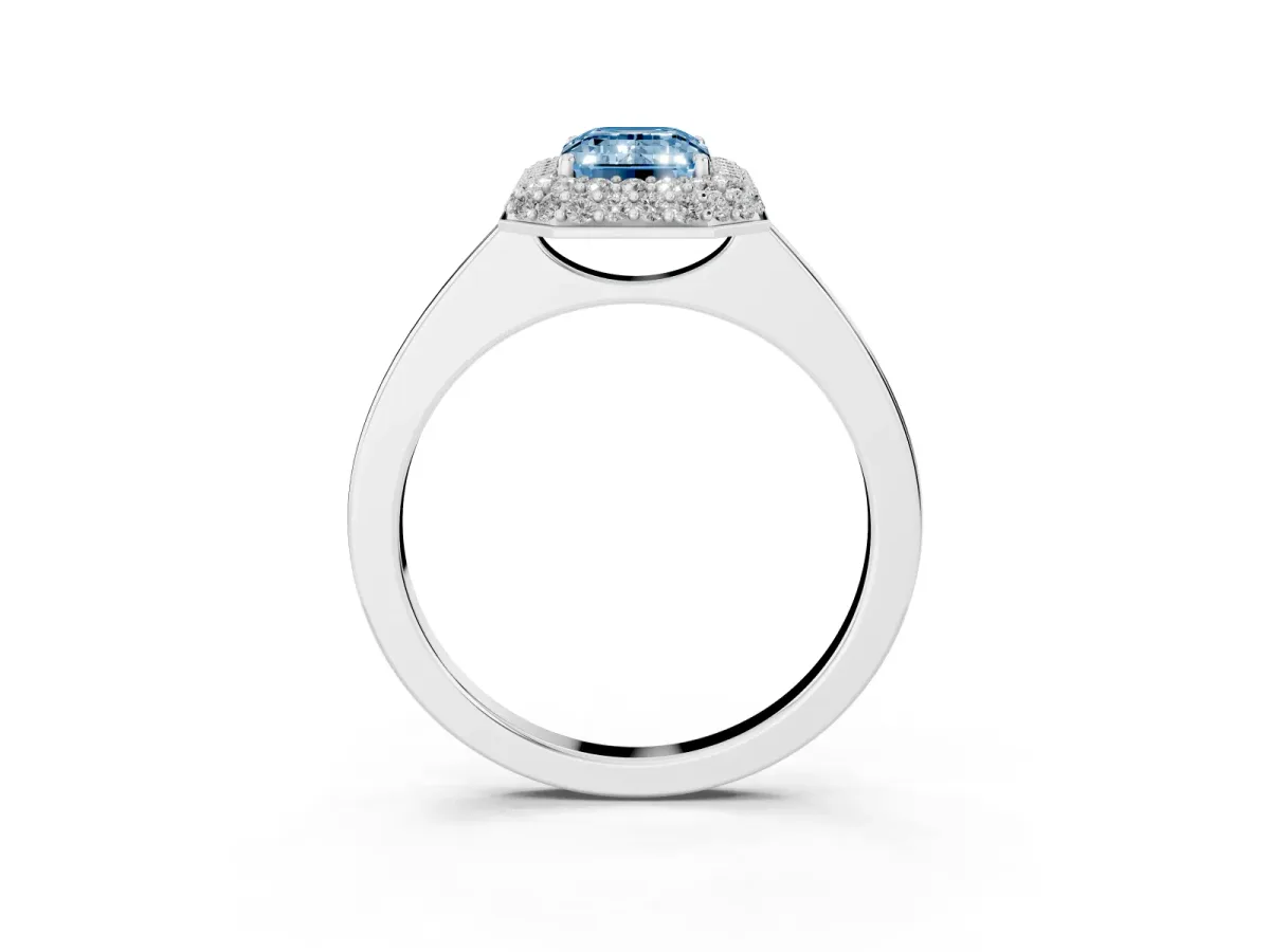 Fancy Blue Emerald Cut Halo Diamond Engagement Ring with Solitaire Band and Four-Prong Setting Silver