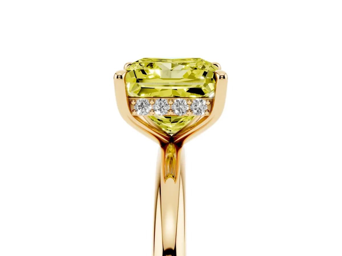 Fancy Yellow Princess Cut Diamond Solitaire Ring with Thin Band and Four-Prong Setting Yellow gold