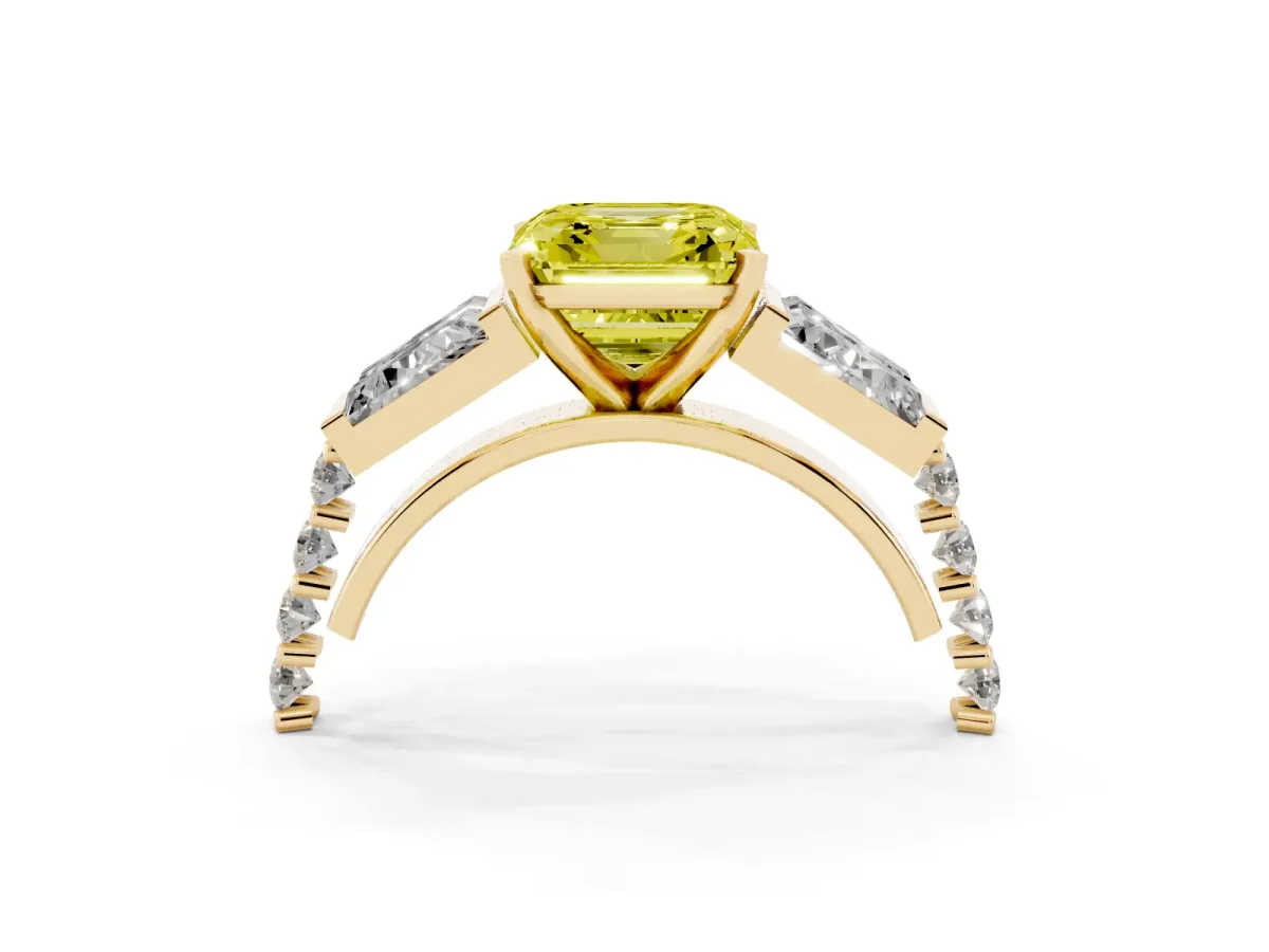 Fancy Yellow Asscher Cut Diamond Engagement Ring with Baguette Side Stones and Channel Set Band Yellow gold