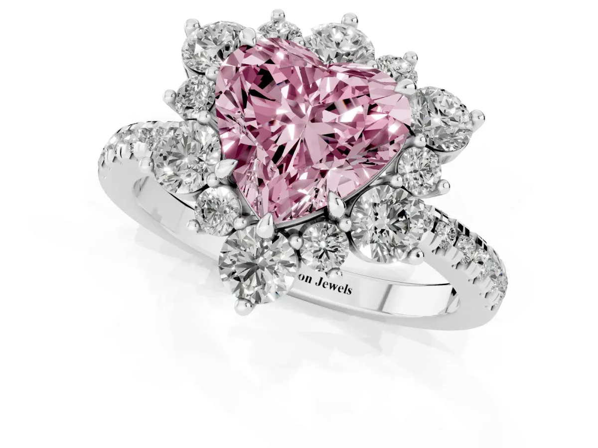 Fancy Pink Heart Cut Diamond Floral Halo Ring with Round Pavé Band and Prong Setting Platinum