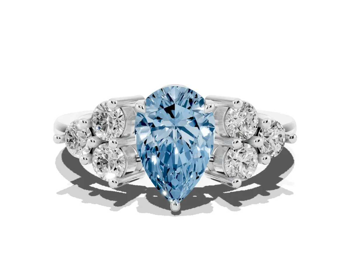 Fancy Blue Pear Cut Brilliant Diamond Cluster Accent Solitaire Ring with Prong Setting White gold