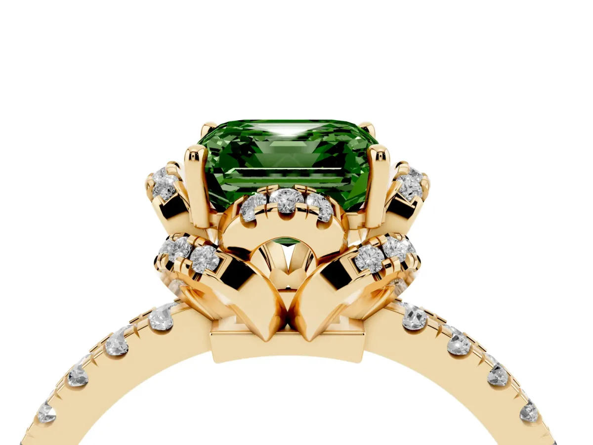 Fancy Green Asscher Cut Halo Diamond Pave Band Ring with Four-Prong Setting Yellow gold