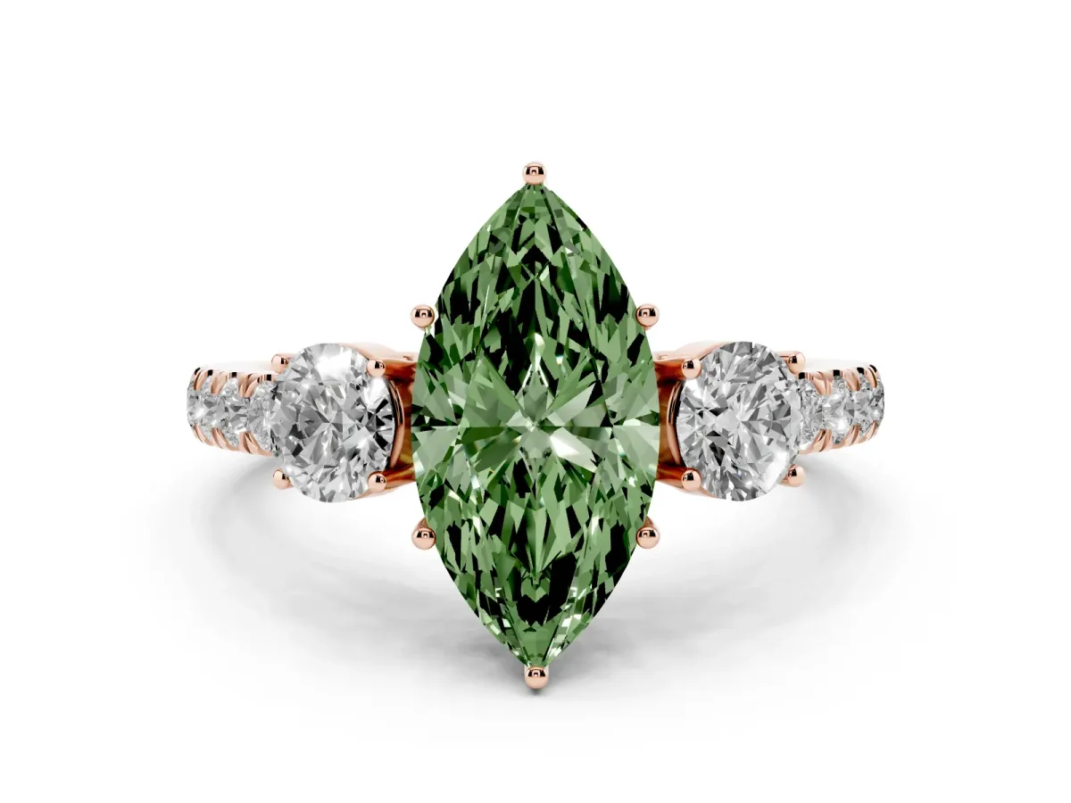 Fancy Green Marquise Cut Cut Diamond Three-Stone Ring with Round Side Stones and Pavé Band Rose gold