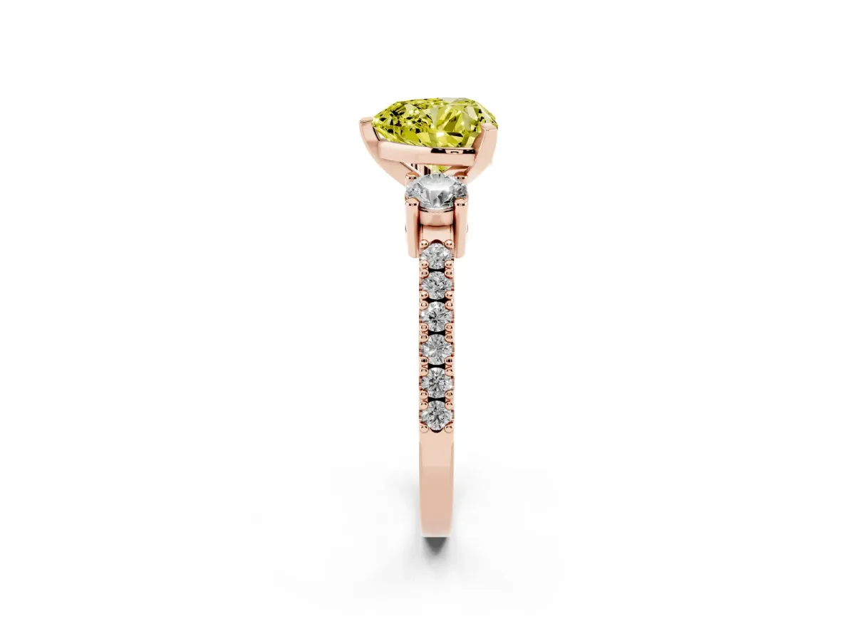 Fancy Yellow Heart Cut Three-Stone Diamond Pavé Band with Prong Setting Rose gold