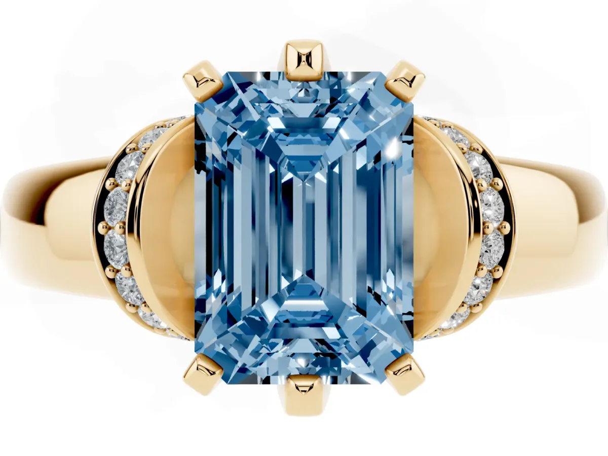 Fancy Blue Emerald Cut Solitaire Diamond Ring with Pave Band and Six-Prong Setting Yellow gold