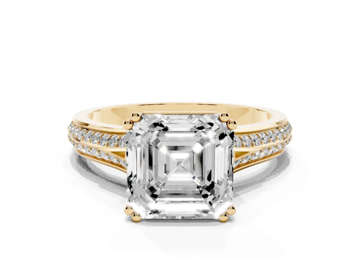 Asscher Cut Diamond Split Shank Engagement Ring with Pavé Band Yellow gold