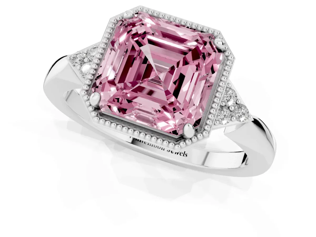 Fancy Pink Hexagonal Halo Asscher Cut Diamond Solitaire with Pavé Band and Four-Prong Setting Silver