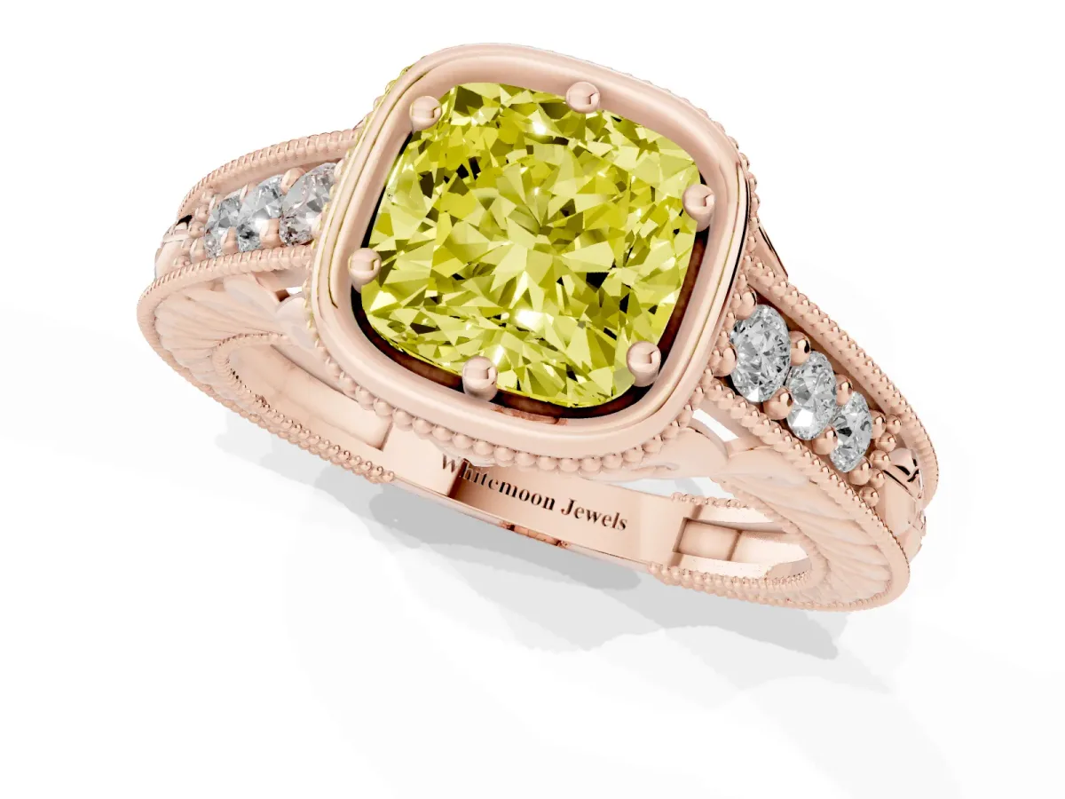 Fancy Yellow Bezel Set Cushion Cut Diamond Milgrain Pave Engagement Ring Rose gold
