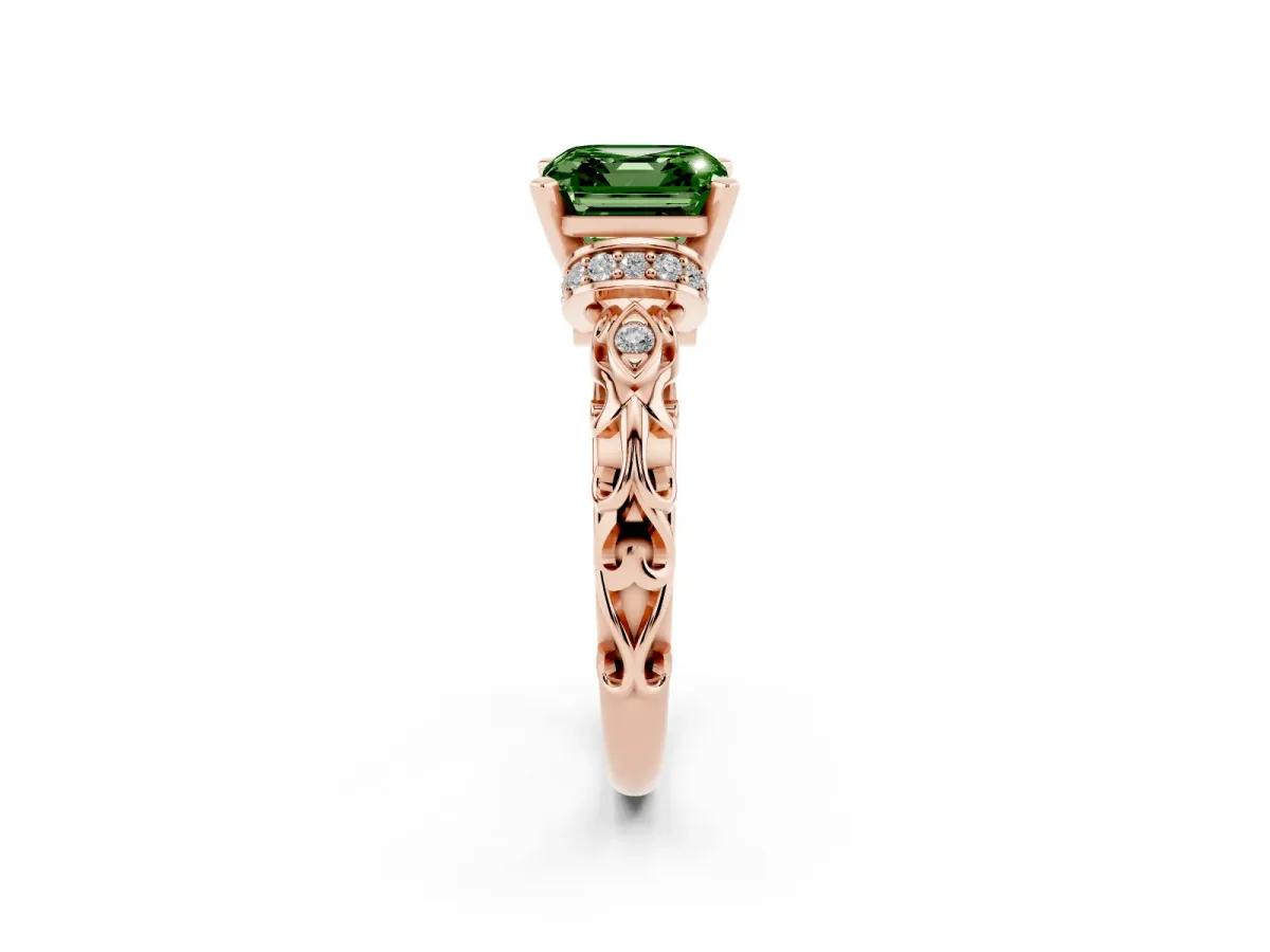 Fancy Green Asscher Cut Diamond Solitaire Ring with Filigree Band and Four-Prong Setting Rose gold