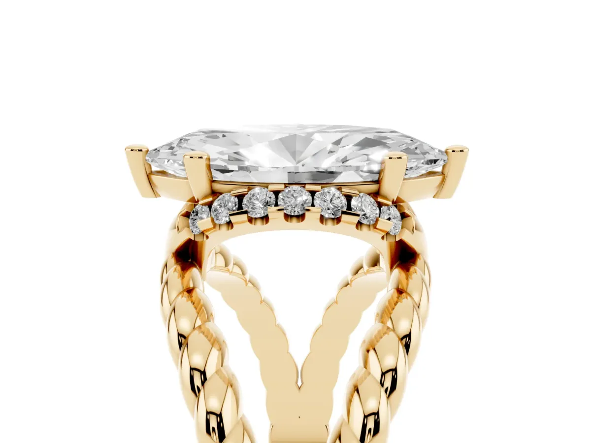 Marquise Cut Halo Twisted Band Four-Prong Ring Yellow gold