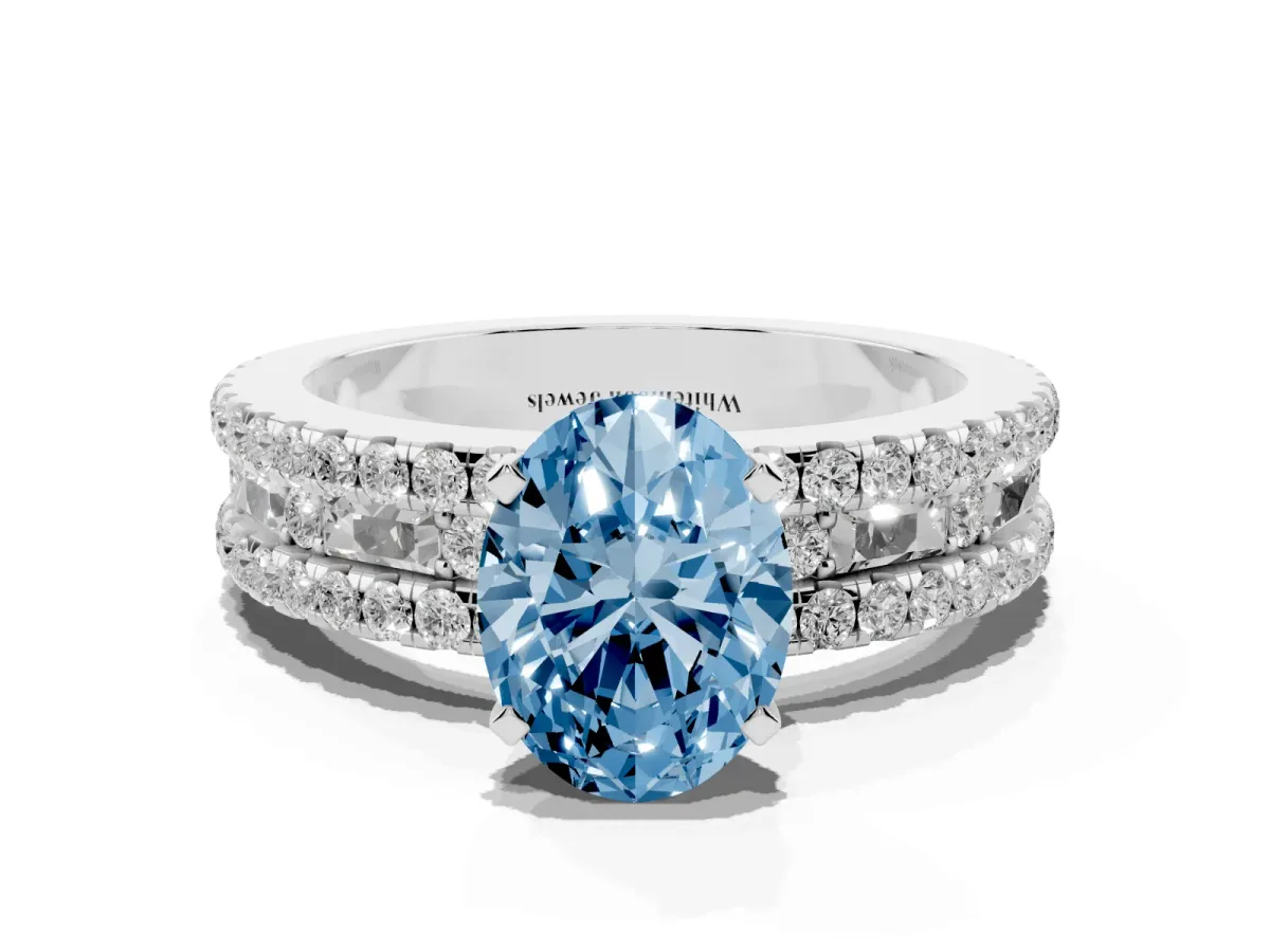 Fancy Blue Oval Cut Diamond Solitaire Ring with Pavé and Channel Set Band Silver