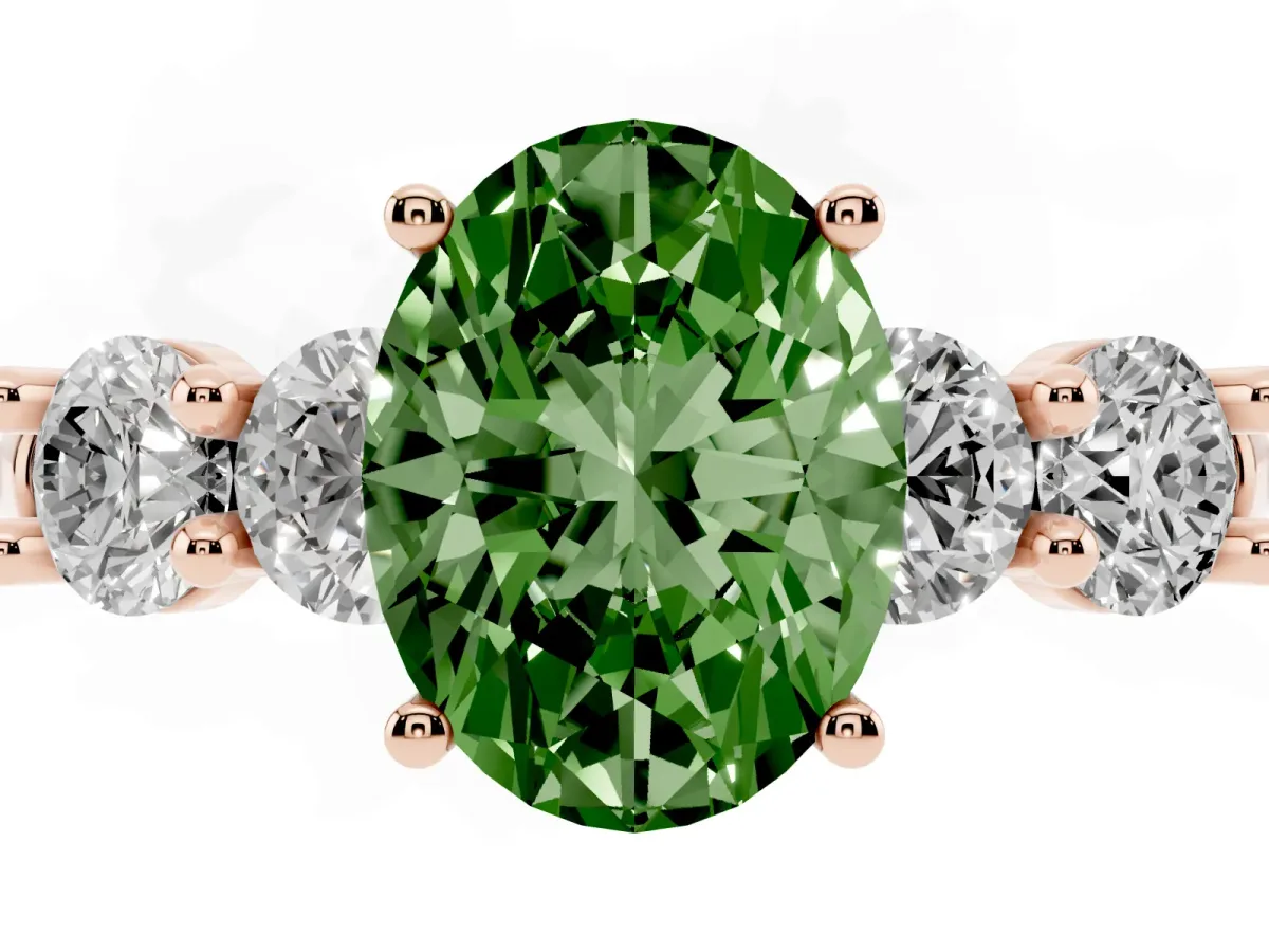 Fancy Green Oval Cut Cut Five-Stone Prong Set Diamond Ring with Classic Band Rose gold