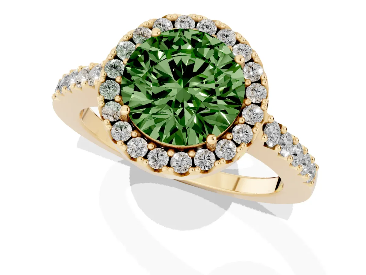 Fancy Green Round Cut Halo Diamond Pavé Solitaire Ring Yellow gold